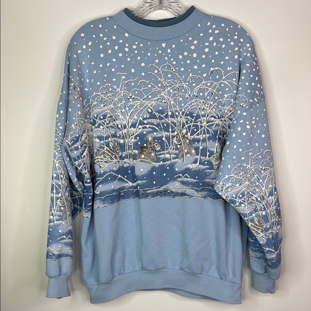 Vintage Artisans Rabbit Bunny AOP Winter Scene Crewneck Sweatshirt Size Large